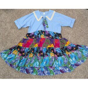 Upcycled Tiered Ruffled Dress Size 4XL Lace Multi-Color Wide Collar High Low Hem